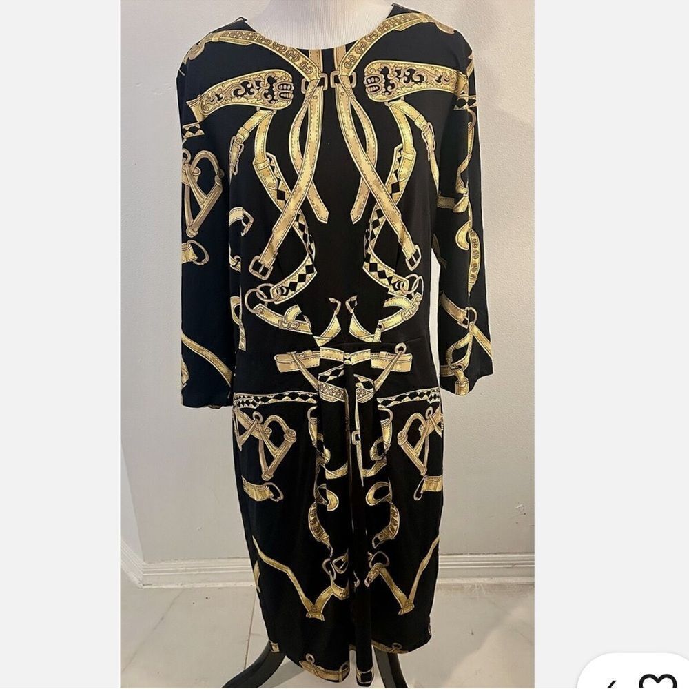 J. McLaughlin Black and Gold Chain Print Dress
